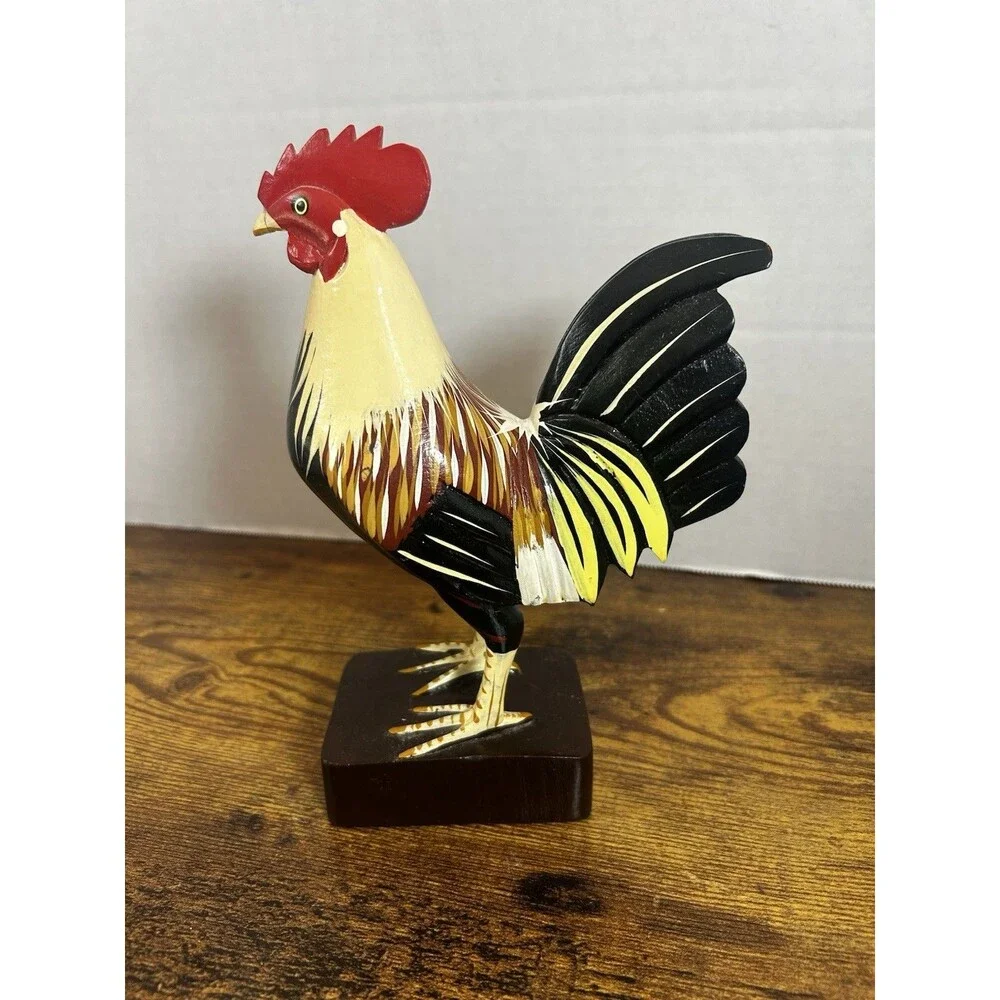 Vintage Hand Carved Wooden Rooster Statue Folk Art Farmhouse Home Decor Display